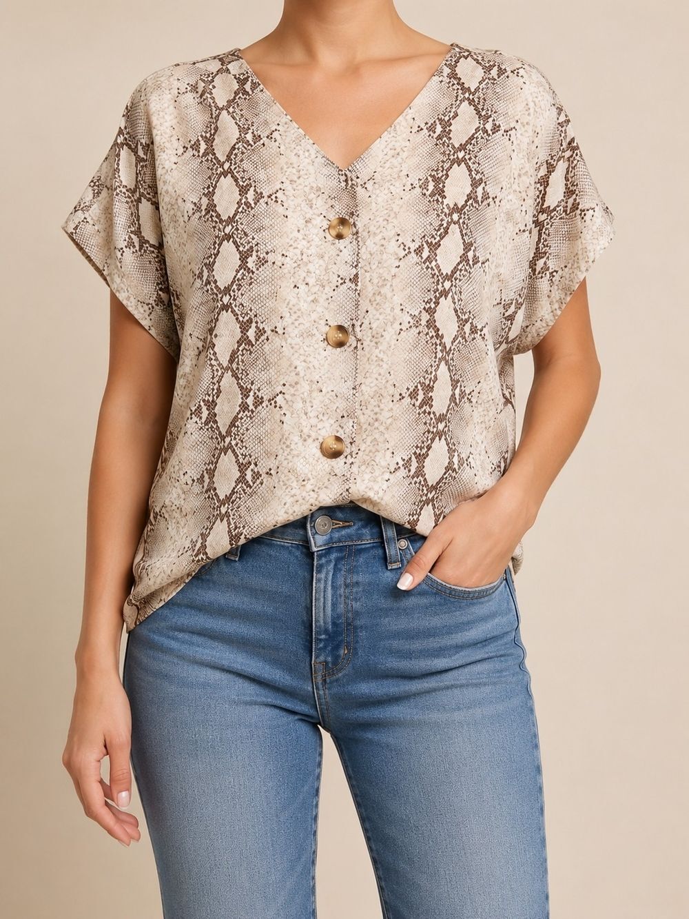 Entro Snakeskin Print Blouse Women's Large Beige Brown V-Neck Dolman Short Sleev